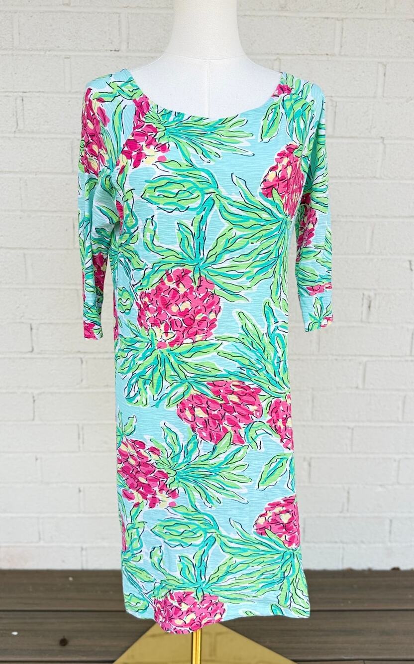 Lilly Pulitzer XS Blue Pink Pineapple Print Peruvian Cotton Sheath Dress